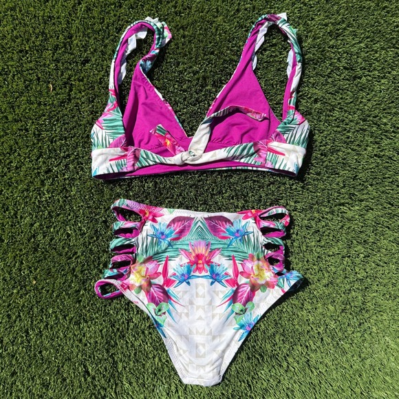 Isabella Rose Floral Bikini Set Ruffle Strap High Waist Swimsuit L - Picture 2 of 7